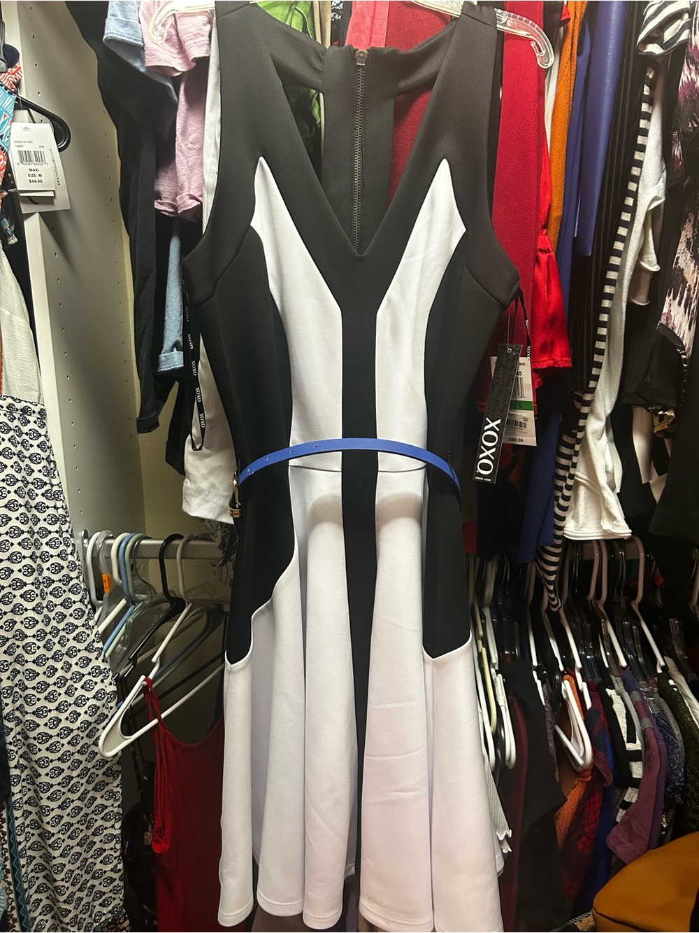 XOXO Black and White Fit-and-Flare Dress with Blue Belt
